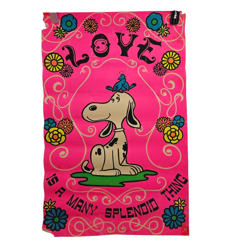 Psychedelic Neon Pink Anti War Hippie Love Dog Snoopy Poster Vintage 1970s